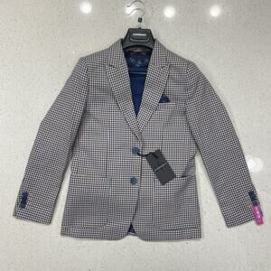 NWT Isaac Mizrahi Boys' Size 12 Slim-Fit Gingham Contrast Suit, Tan/Blue